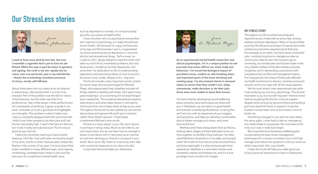 Opening spread headed 'Our StressLess stories', with photographs and personal accounts from Matthew Johnstone and Dr Michael Player.