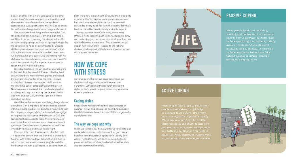 Spread headed 'How we cope with stress', contrasting passive and active coping styles, illustrated by a figure beneath a suspended weight labelled LIFE and a figure imagining a ladder over a wall.